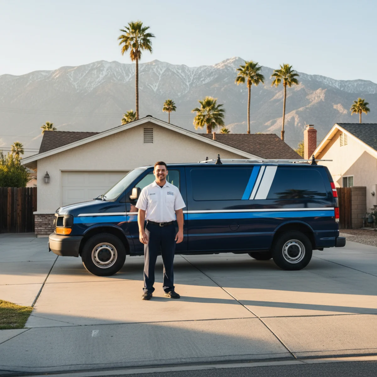 Local plumber in Banning, CA standing beside a service van outside a suburban home near W Ramsey St