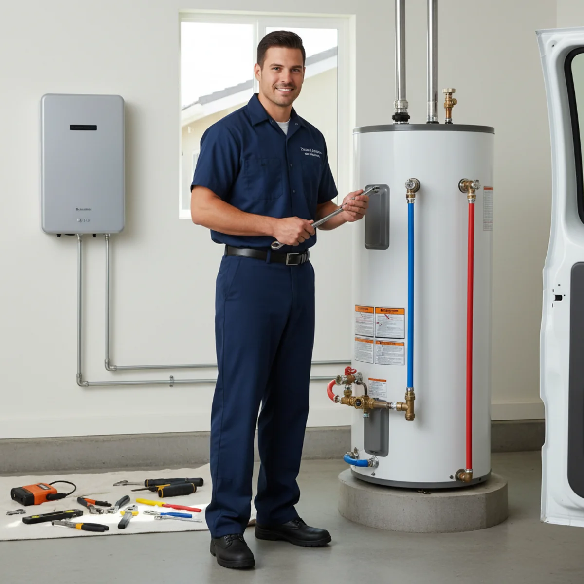 Banning plumber repairing and installing a water heater in a home garage