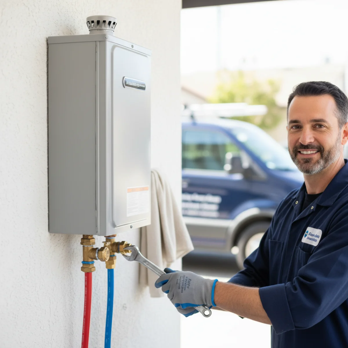 New tankless water heater installed in a Banning, CA garage