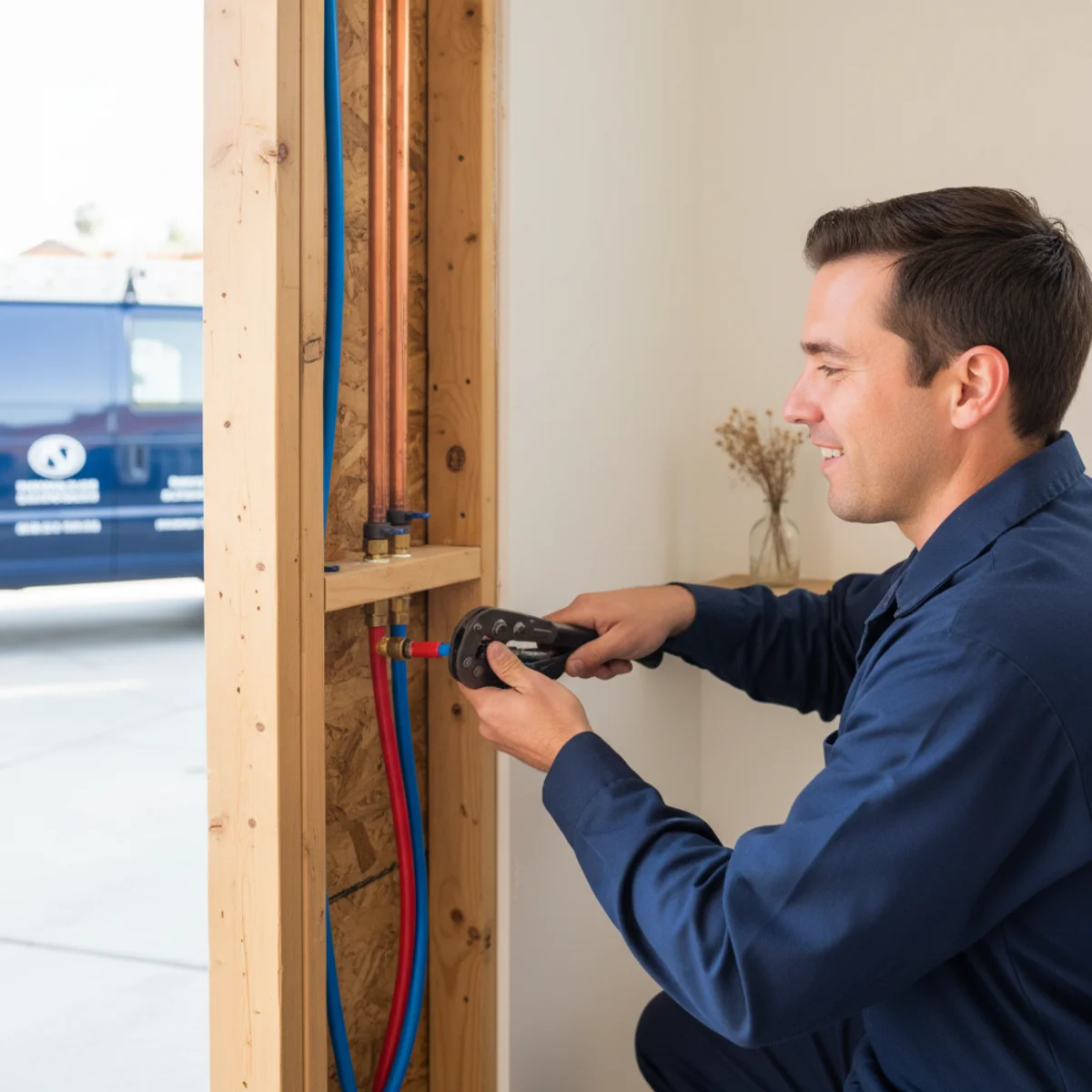 Copper and PEX repipe in an open wall of a Banning, CA home